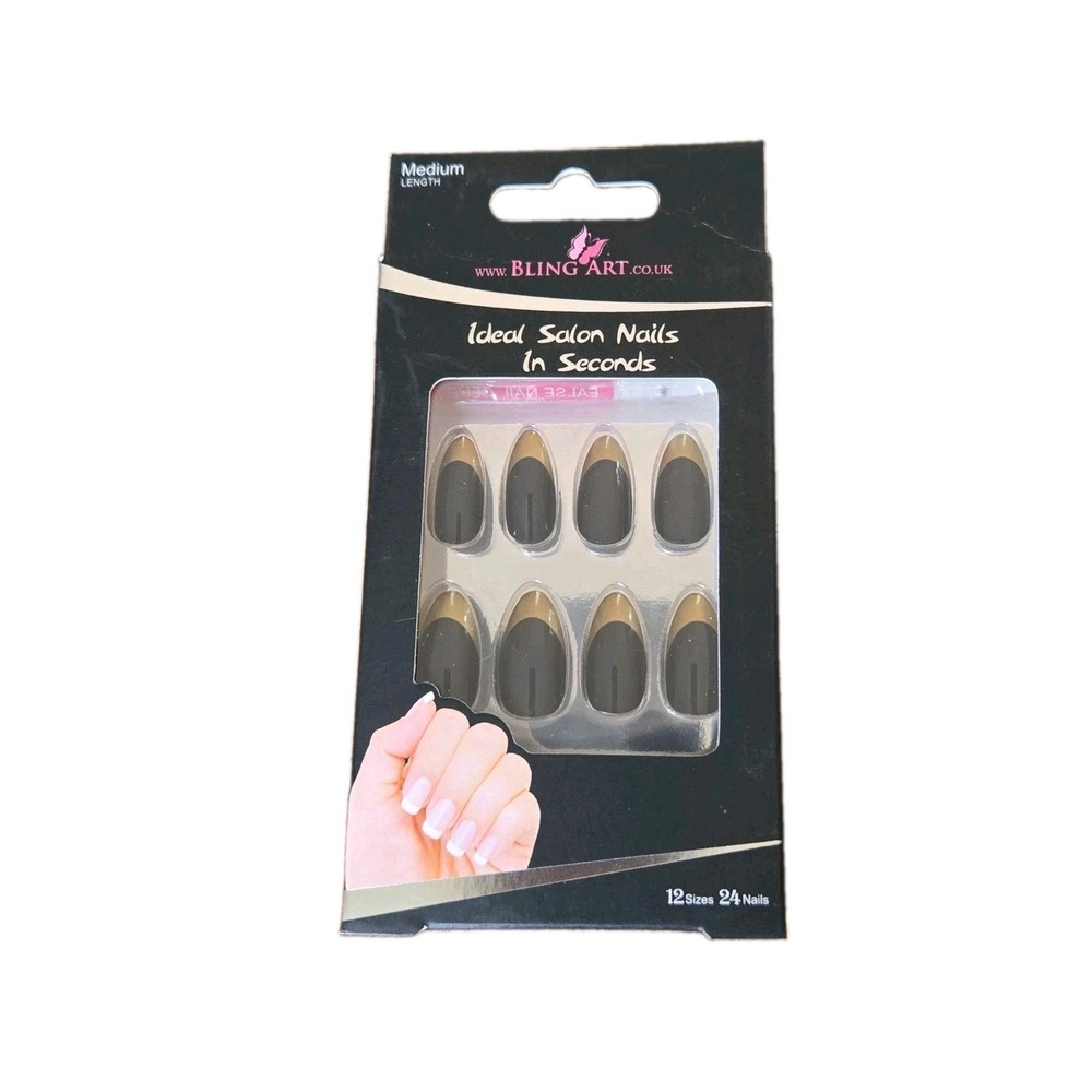 Bling Art Medium Length Artificial Stiletto Nails Black/Gold Tips Halloween NIP
